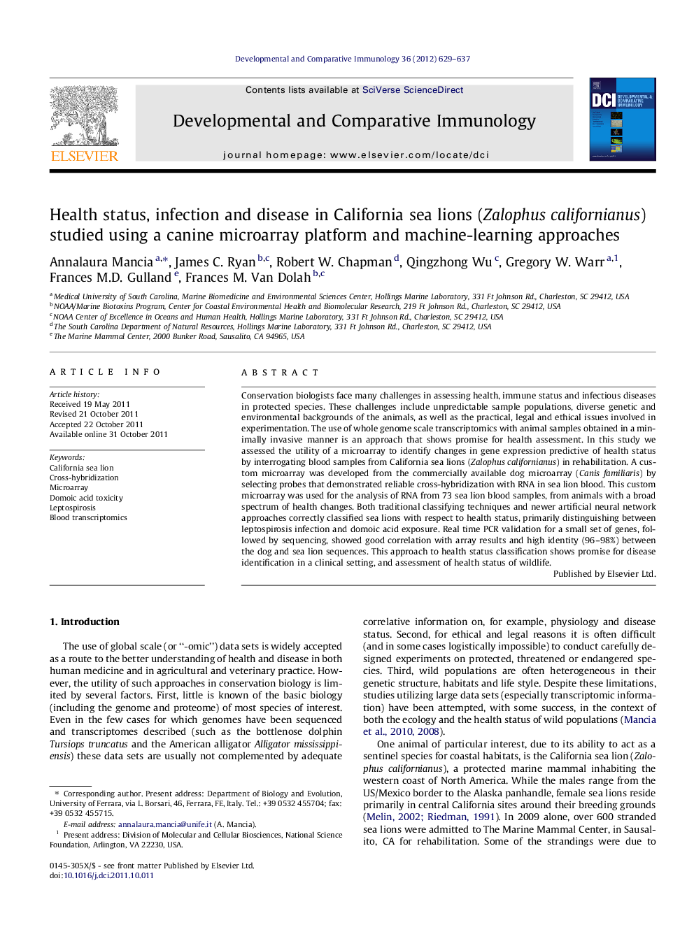 Health status, infection and disease in California sea lions (Zalophus californianus) studied using a canine microarray platform and machine-learning approaches