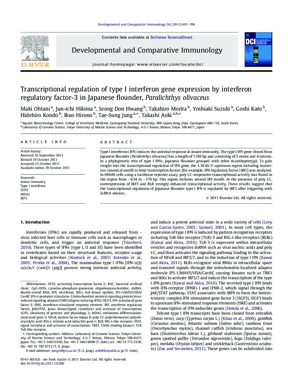 Transcriptional regulation of type I interferon gene expression by interferon regulatory factor-3 in Japanese flounder, Paralichthys olivaceus