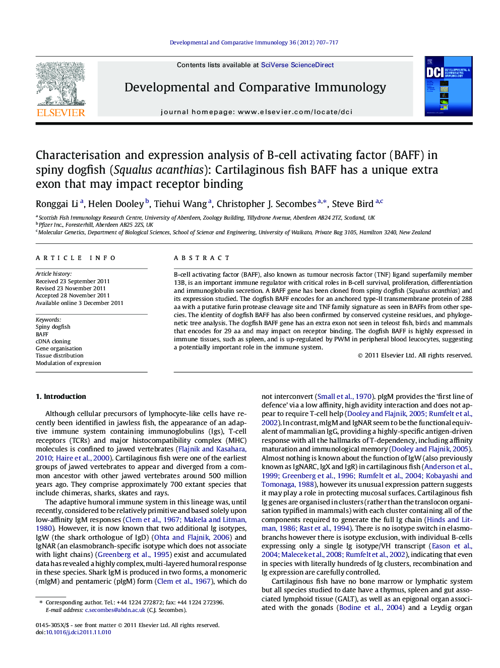 Characterisation and expression analysis of B-cell activating factor (BAFF) in spiny dogfish (Squalus acanthias): Cartilaginous fish BAFF has a unique extra exon that may impact receptor binding