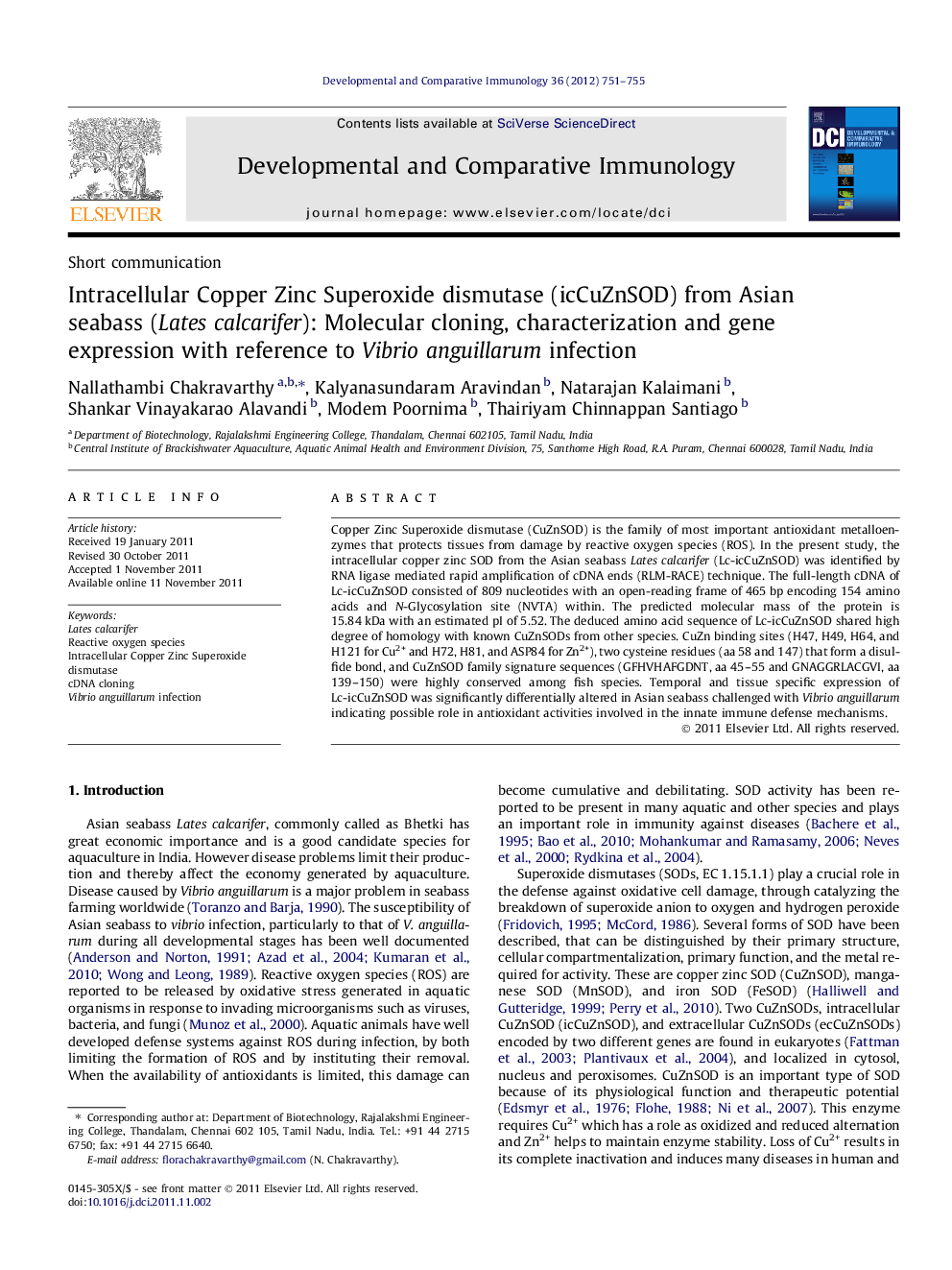 Intracellular Copper Zinc Superoxide dismutase (icCuZnSOD) from Asian seabass (Lates calcarifer): Molecular cloning, characterization and gene expression with reference to Vibrio anguillarum infection