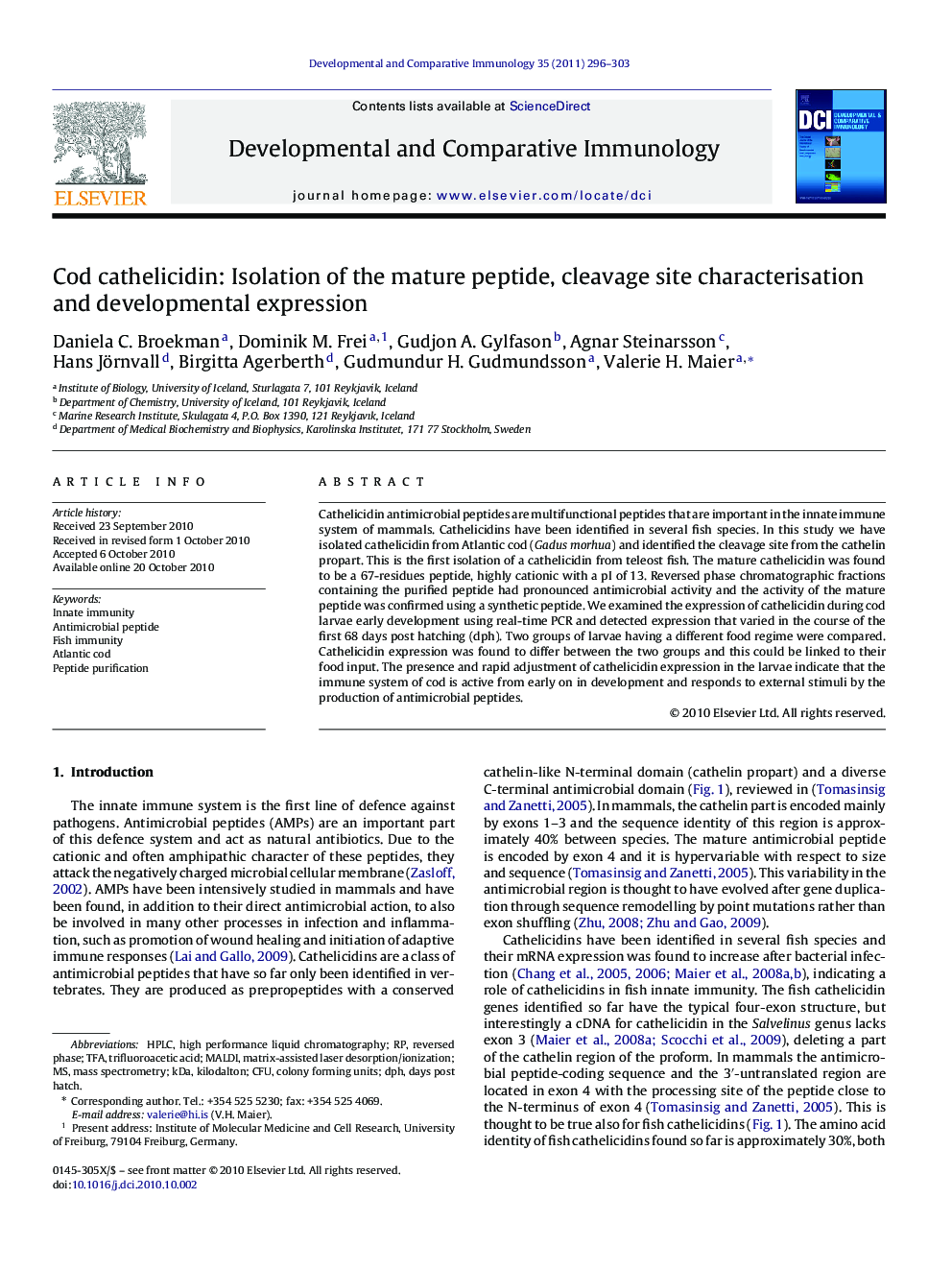 Cod cathelicidin: Isolation of the mature peptide, cleavage site characterisation and developmental expression