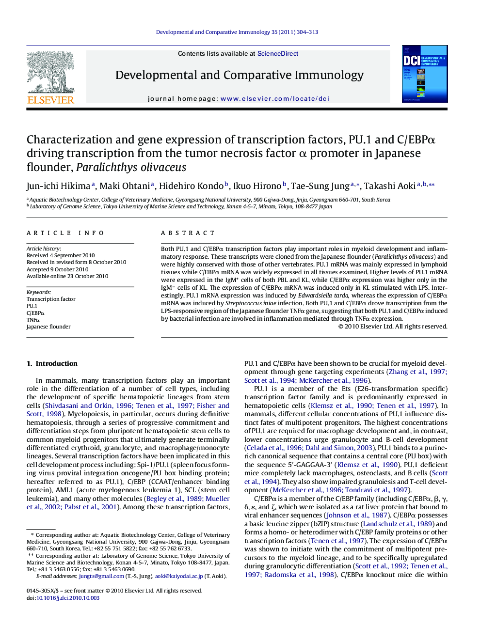 Characterization and gene expression of transcription factors, PU.1 and C/EBPÎ± driving transcription from the tumor necrosis factor Î± promoter in Japanese flounder, Paralichthys olivaceus