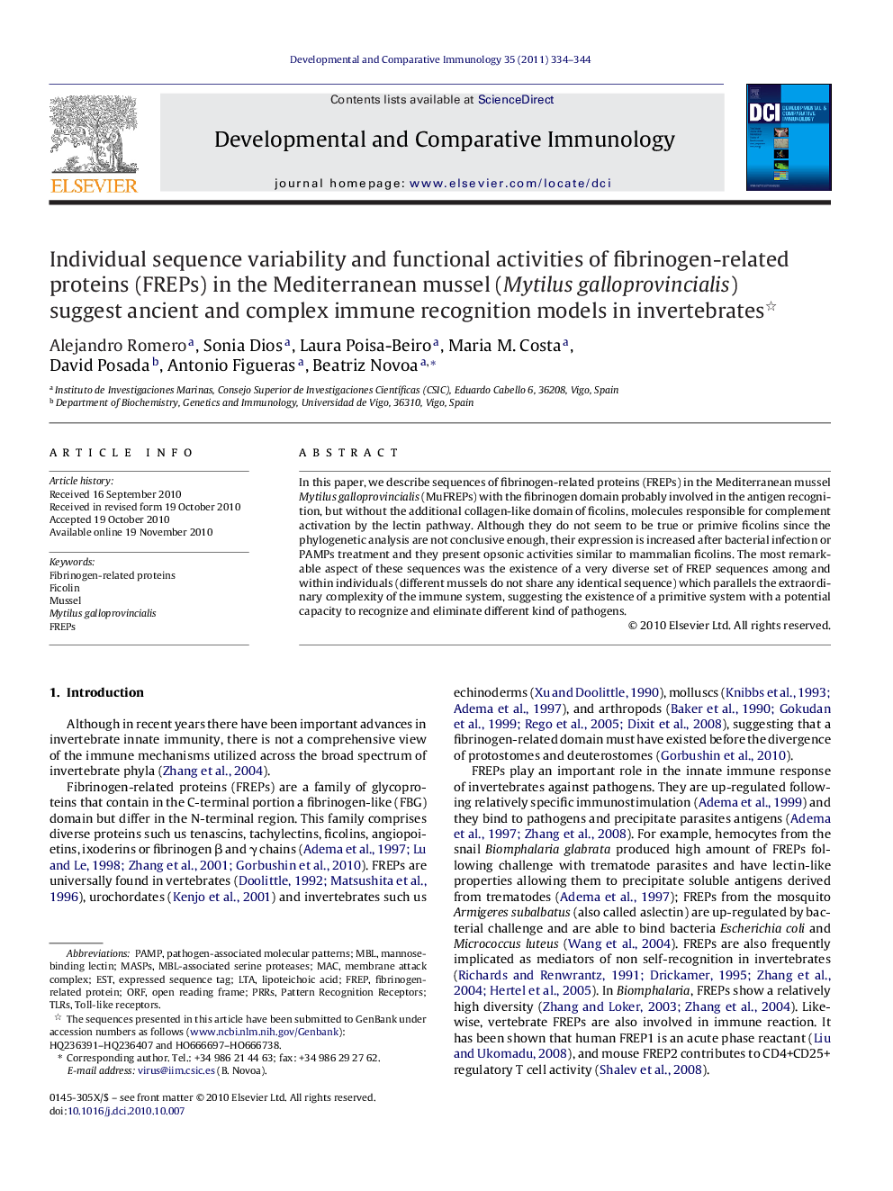 Individual sequence variability and functional activities of fibrinogen-related proteins (FREPs) in the Mediterranean mussel (Mytilus galloprovincialis) suggest ancient and complex immune recognition models in invertebrates