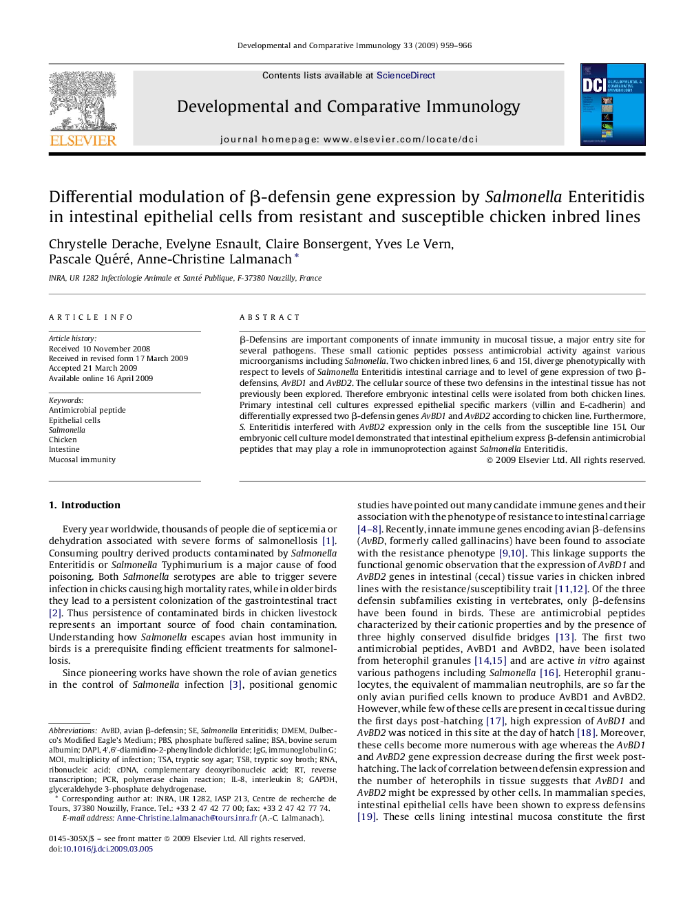 Differential modulation of Î²-defensin gene expression by Salmonella Enteritidis in intestinal epithelial cells from resistant and susceptible chicken inbred lines