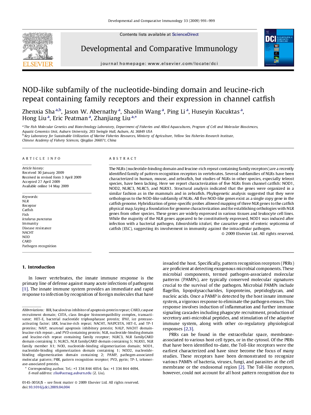 NOD-like subfamily of the nucleotide-binding domain and leucine-rich repeat containing family receptors and their expression in channel catfish