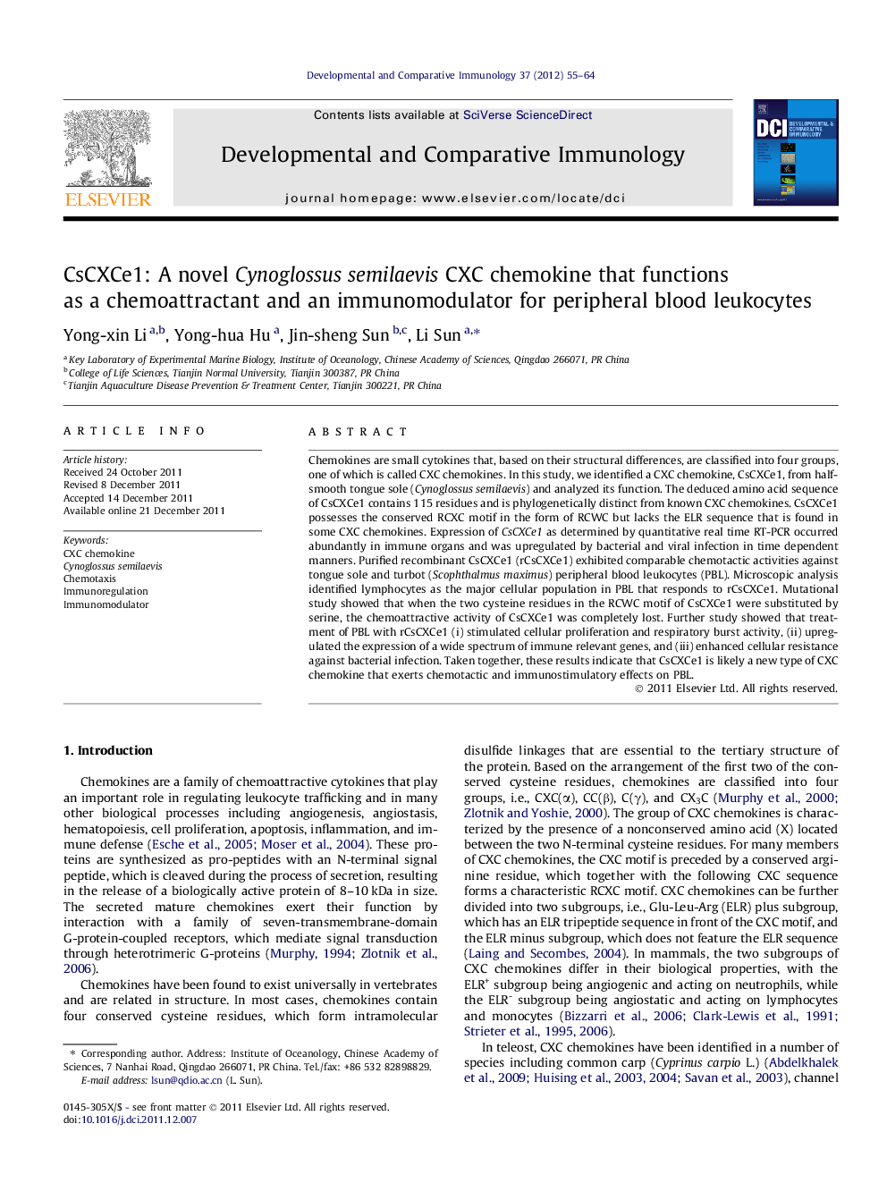 CsCXCe1: A novel Cynoglossus semilaevis CXC chemokine that functions as a chemoattractant and an immunomodulator for peripheral blood leukocytes