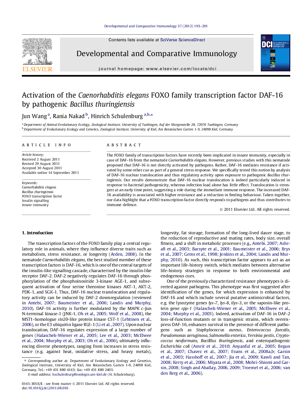 Activation of the Caenorhabditis elegans FOXO family transcription factor DAF-16 by pathogenic Bacillus thuringiensis