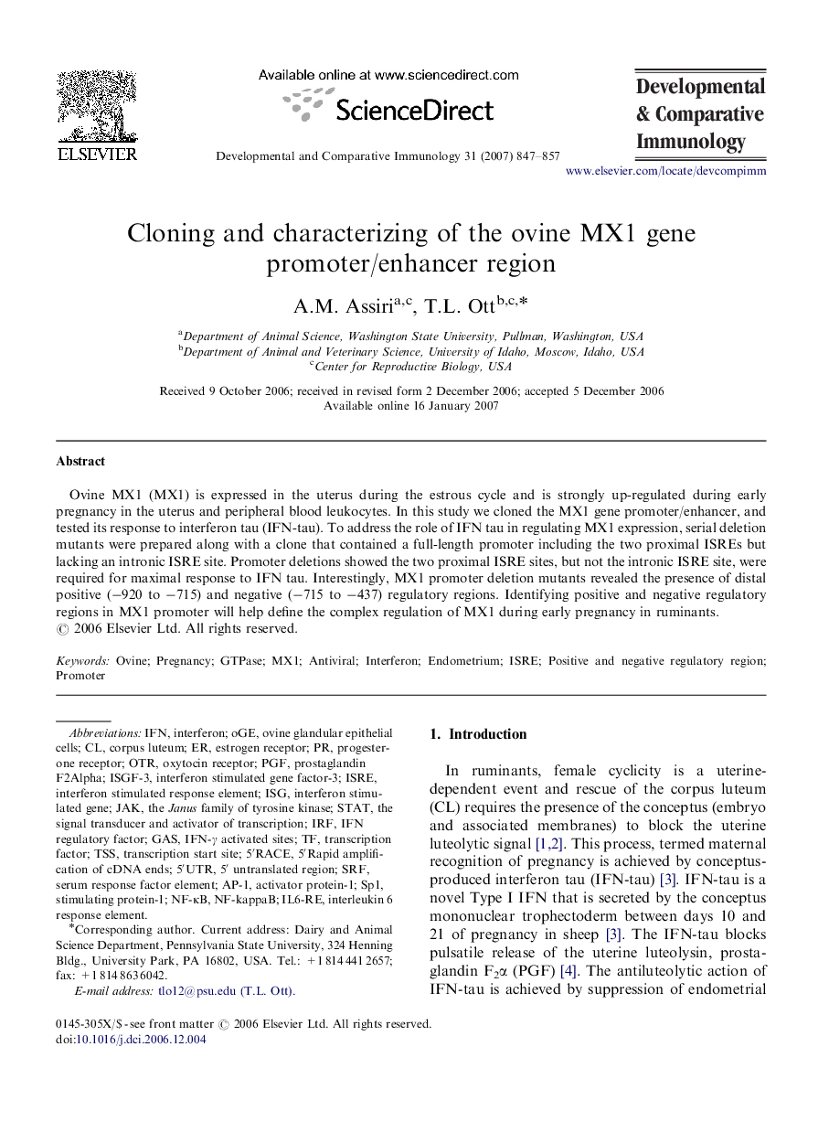 Cloning and characterizing of the ovine MX1 gene promoter/enhancer region