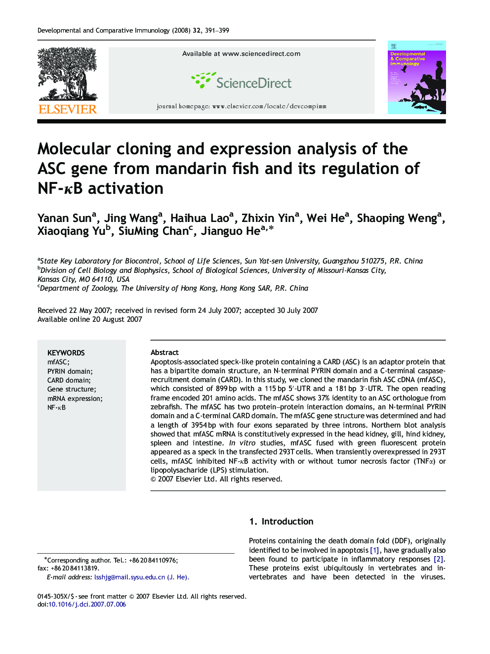 Molecular cloning and expression analysis of the ASC gene from mandarin fish and its regulation of NF-ÎºB activation