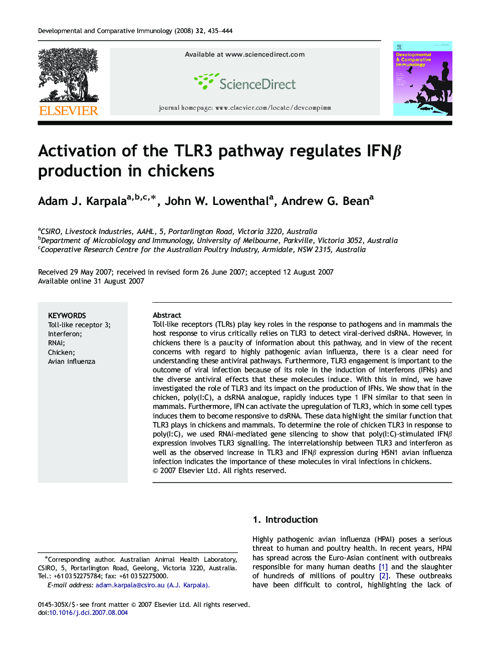 Activation of the TLR3 pathway regulates IFNÎ² production in chickens