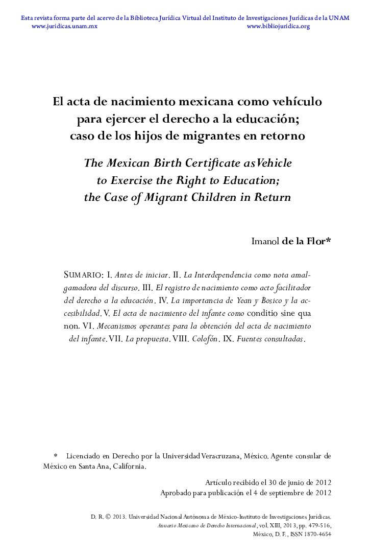 El acta de nacimiento mexicana como vehículo para ejercer el derecho a la educación; caso de los hijos de migrantes en retorno