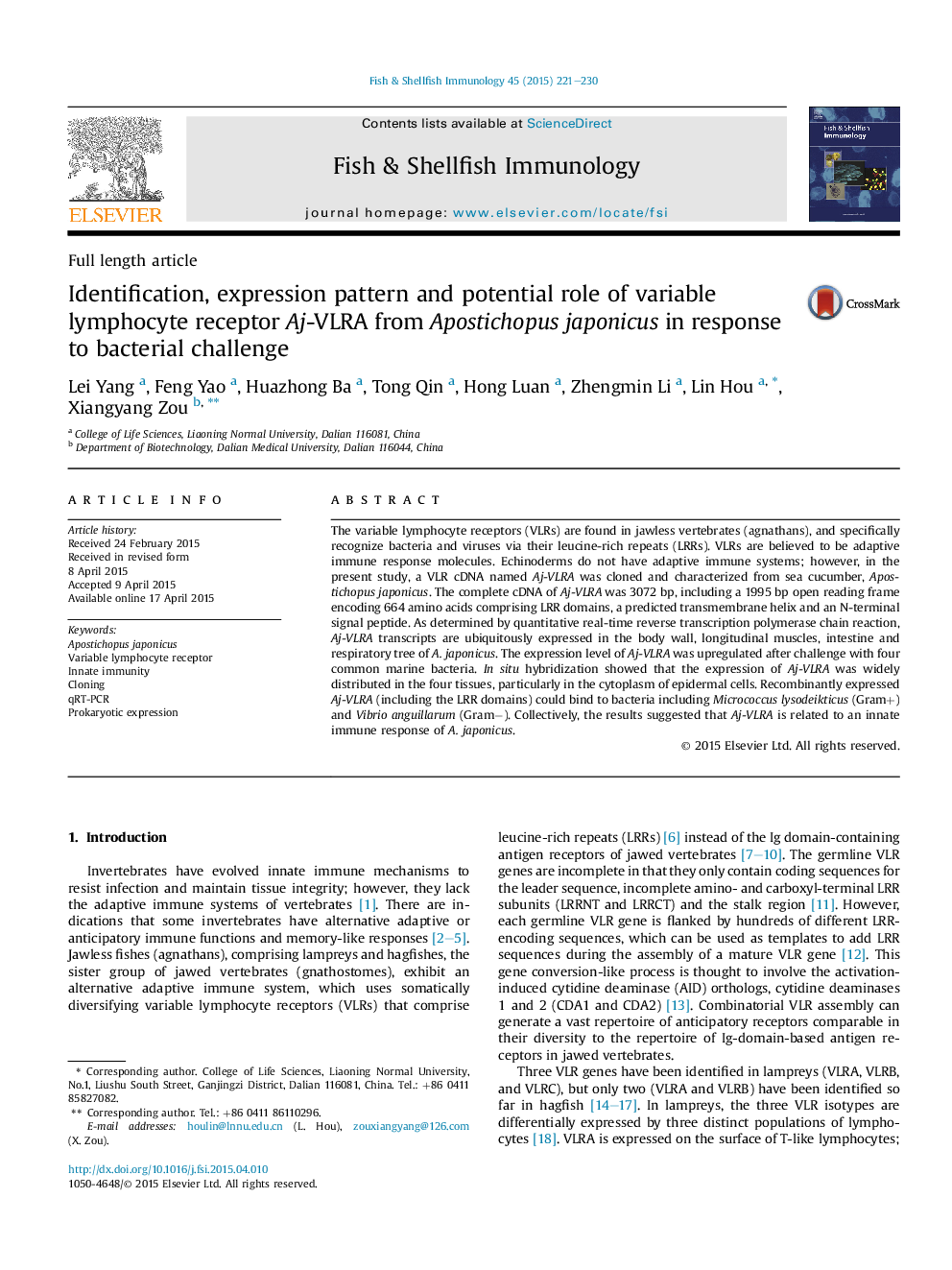 Identification, expression pattern and potential role of variable lymphocyte receptor Aj-VLRA from Apostichopus japonicus in response to bacterial challenge