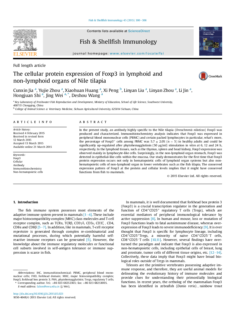 The cellular protein expression of Foxp3 in lymphoid and non-lymphoid organs of Nile tilapia