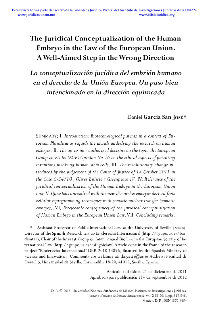 The Juridical Conceptualization of the Human Embryo in the Law of the European Union. A Well-Aimed Step in the Wrong Direction