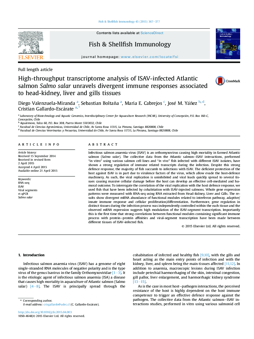 High-throughput transcriptome analysis of ISAV-infected Atlantic salmon Salmo salar unravels divergent immune responses associated to head-kidney, liver and gills tissues