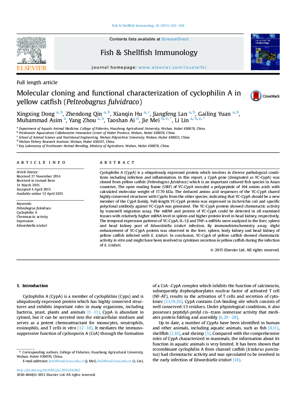 Molecular cloning and functional characterization of cyclophilin A in yellow catfish (Pelteobagrus fulvidraco)