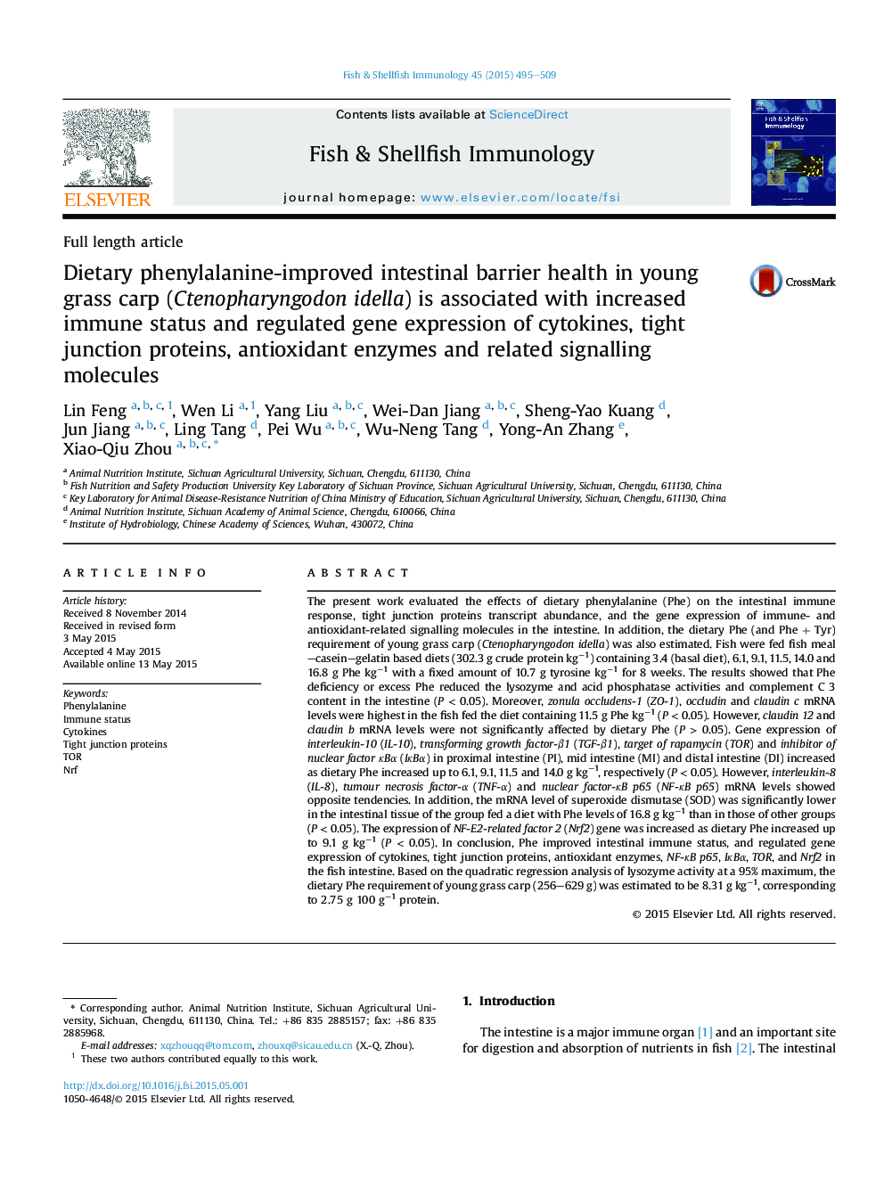 Dietary phenylalanine-improved intestinal barrier health in young grass carp (Ctenopharyngodon idella) is associated with increased immune status and regulated gene expression of cytokines, tight junction proteins, antioxidant enzymes and related signalli