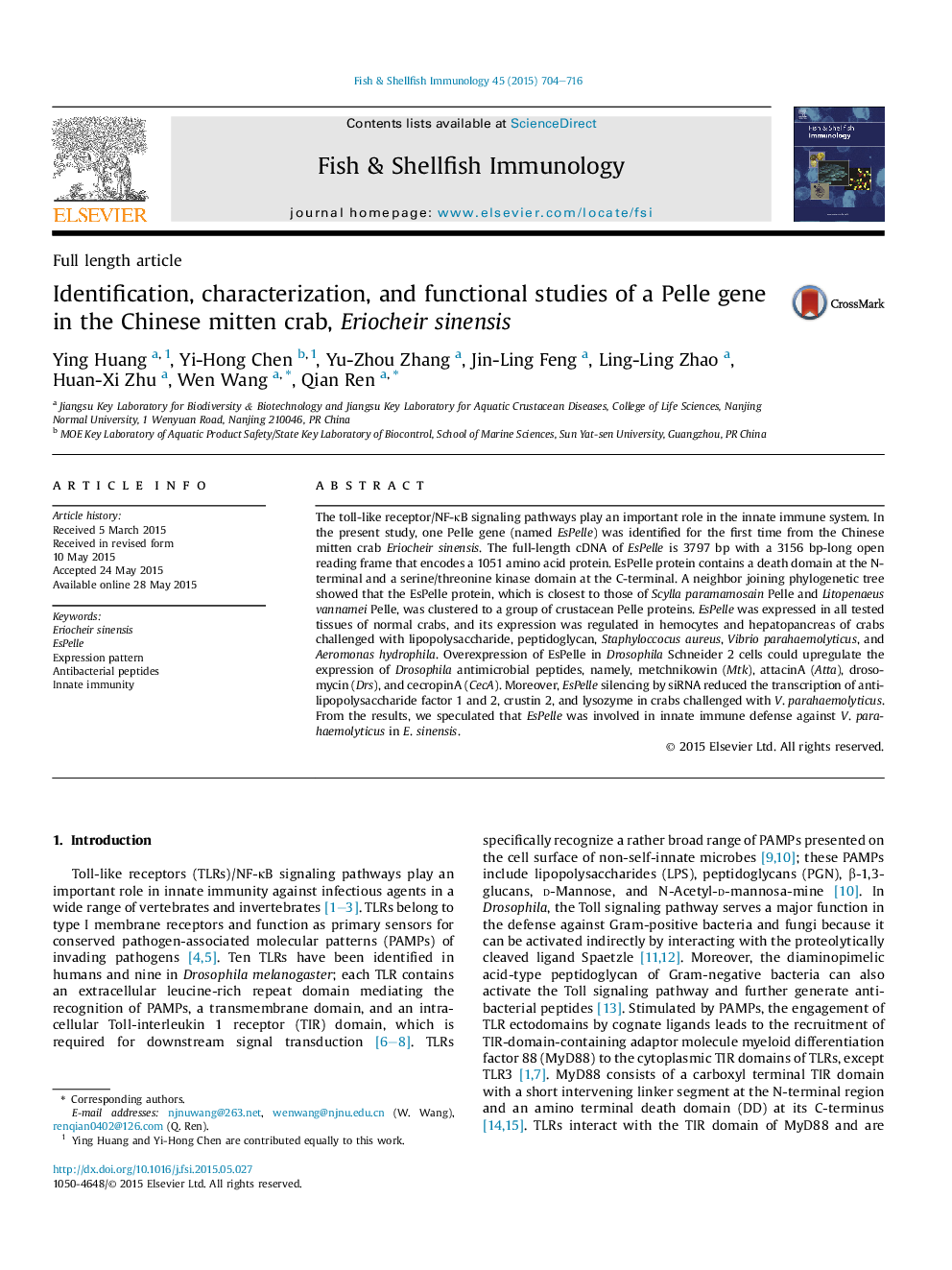 Identification, characterization, and functional studies of a Pelle gene in the Chinese mitten crab, Eriocheir sinensis