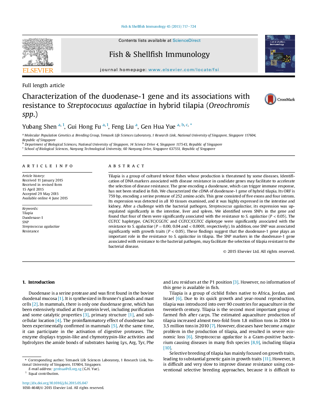 Characterization of the duodenase-1 gene and its associations with resistance to Streptococuus agalactiae in hybrid tilapia (Oreochromis spp.)