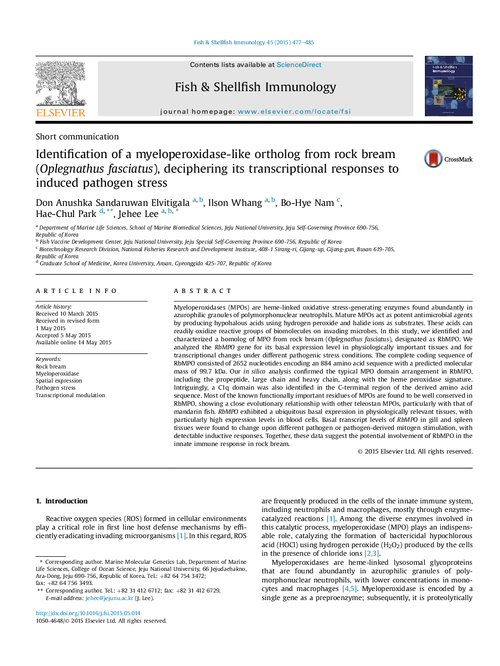 Identification of a myeloperoxidase-like ortholog from rock bream (Oplegnathus fasciatus), deciphering its transcriptional responses to induced pathogen stress