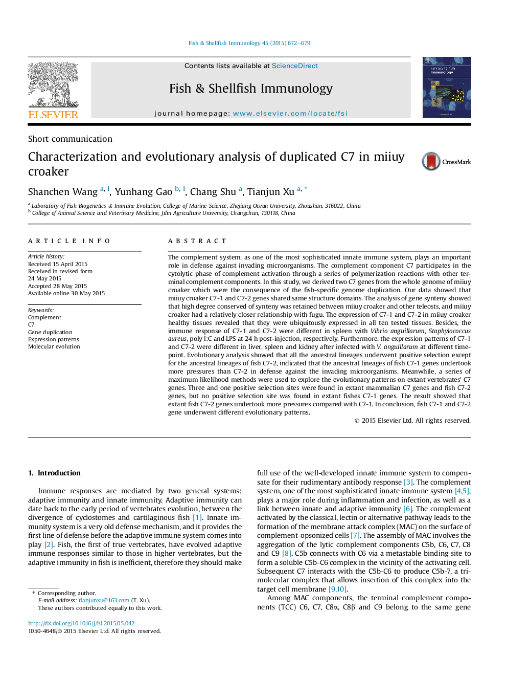 Characterization and evolutionary analysis of duplicated C7 in miiuy croaker