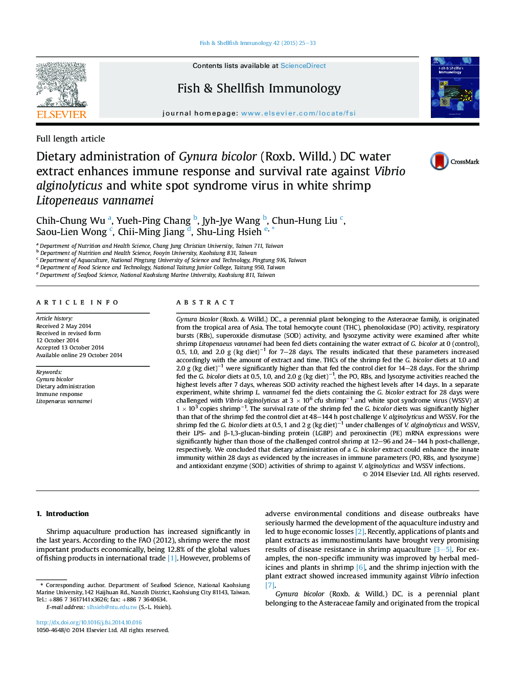 Dietary administration of Gynura bicolor (Roxb. Willd.) DC water extract enhances immune response and survival rate against Vibrio alginolyticus and white spot syndrome virus in white shrimp Litopeneaus vannamei