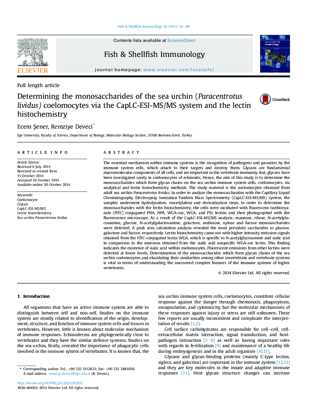 Determining the monosaccharides of the sea urchin (Paracentrotus lividus) coelomocytes via the CapLC-ESI-MS/MS system and the lectin histochemistry