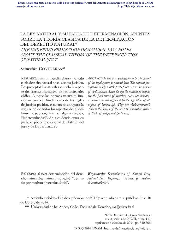 La ley natural y su falta de determinación. apuntes sobre la teoría clásica de la determinación del derecho natural*