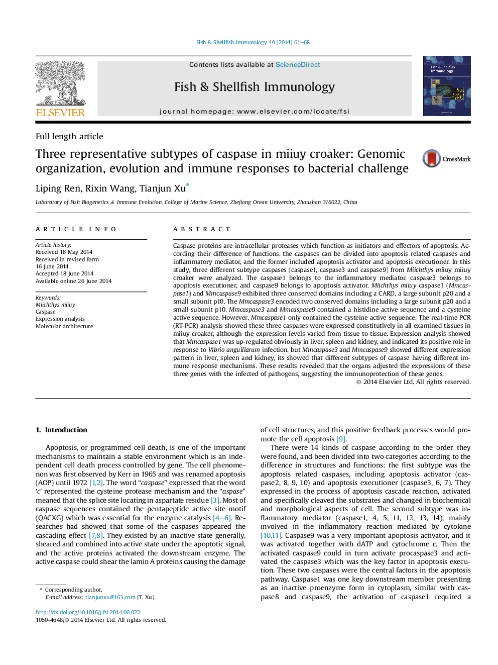 Three representative subtypes of caspase in miiuy croaker: Genomic organization, evolution and immune responses to bacterial challenge