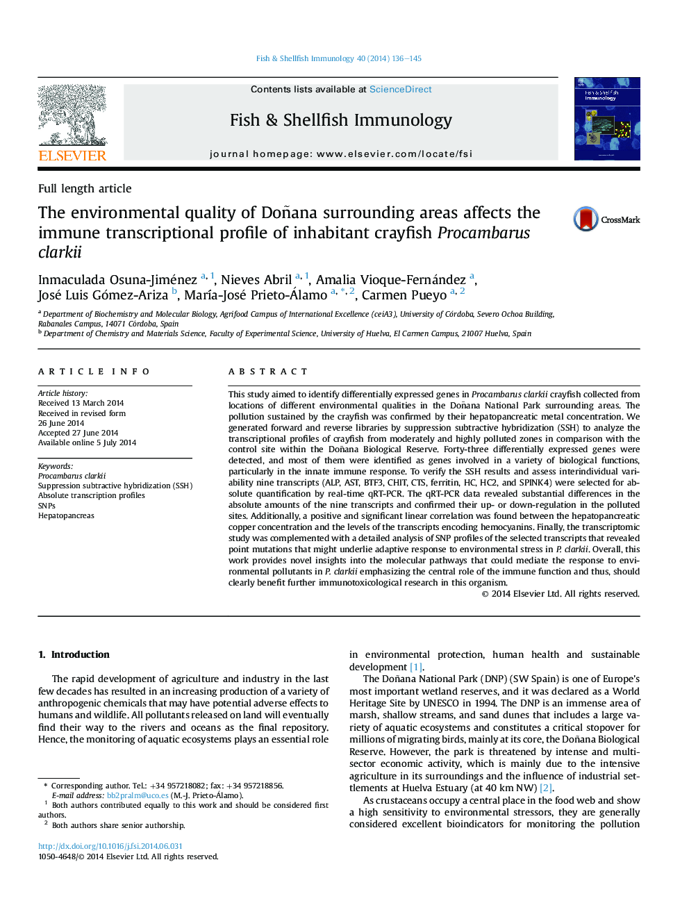 The environmental quality of Doñana surrounding areas affects the immune transcriptional profile of inhabitant crayfish Procambarus clarkii