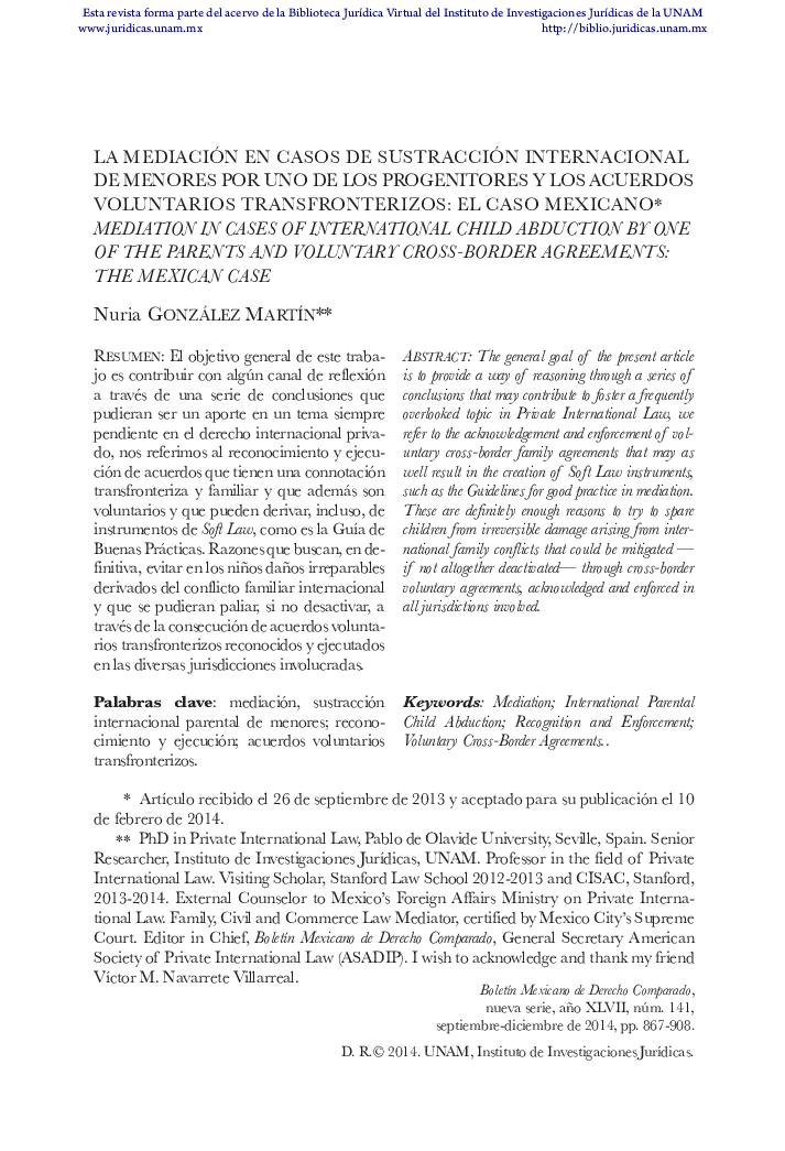 میانجیگری در موارد ربوده شدن فرزندان بین المللی توسط یکی از والدین و توافق های داوطلبانه بین مرزی: پرونده مکزیکی * 