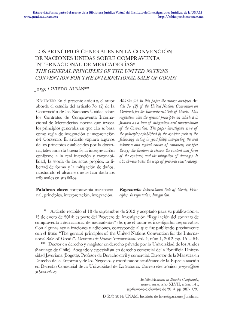 Los principios generales en la convención de naciones unidas sobre compraventa internacional de mercaderías*