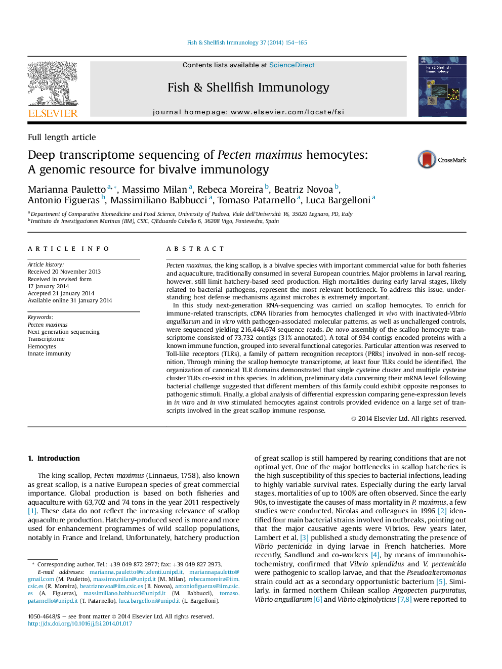 Deep transcriptome sequencing of Pecten maximus hemocytes: A genomic resource for bivalve immunology