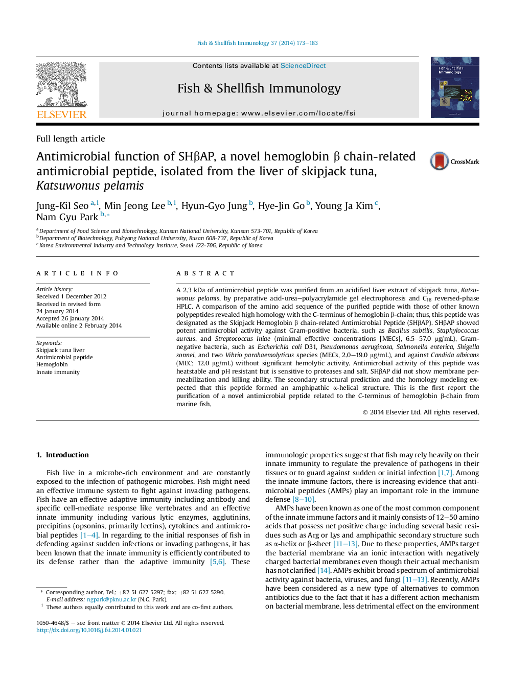 Antimicrobial function of SHÎ²AP, a novel hemoglobin Î² chain-related antimicrobial peptide, isolated from the liver of skipjack tuna, Katsuwonus pelamis