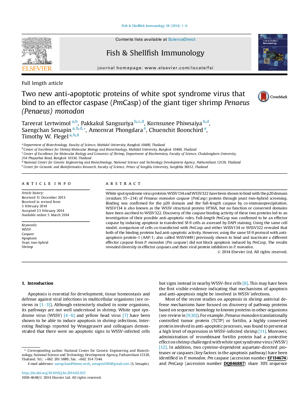 Two new anti-apoptotic proteins of white spot syndrome virus that bind to an effector caspase (PmCasp) of the giant tiger shrimp Penaeus (Penaeus) monodon