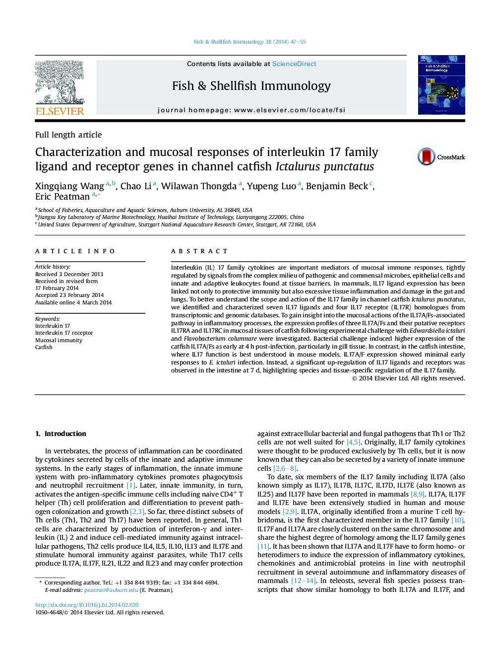 Characterization and mucosal responses of interleukin 17 family ligand and receptor genes in channel catfish Ictalurus punctatus