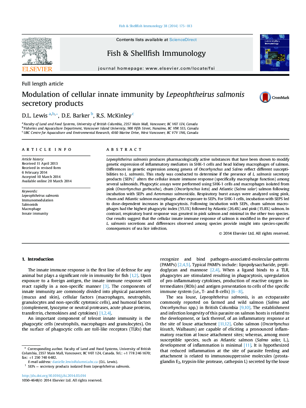 Modulation of cellular innate immunity by Lepeophtheirus salmonis secretory products