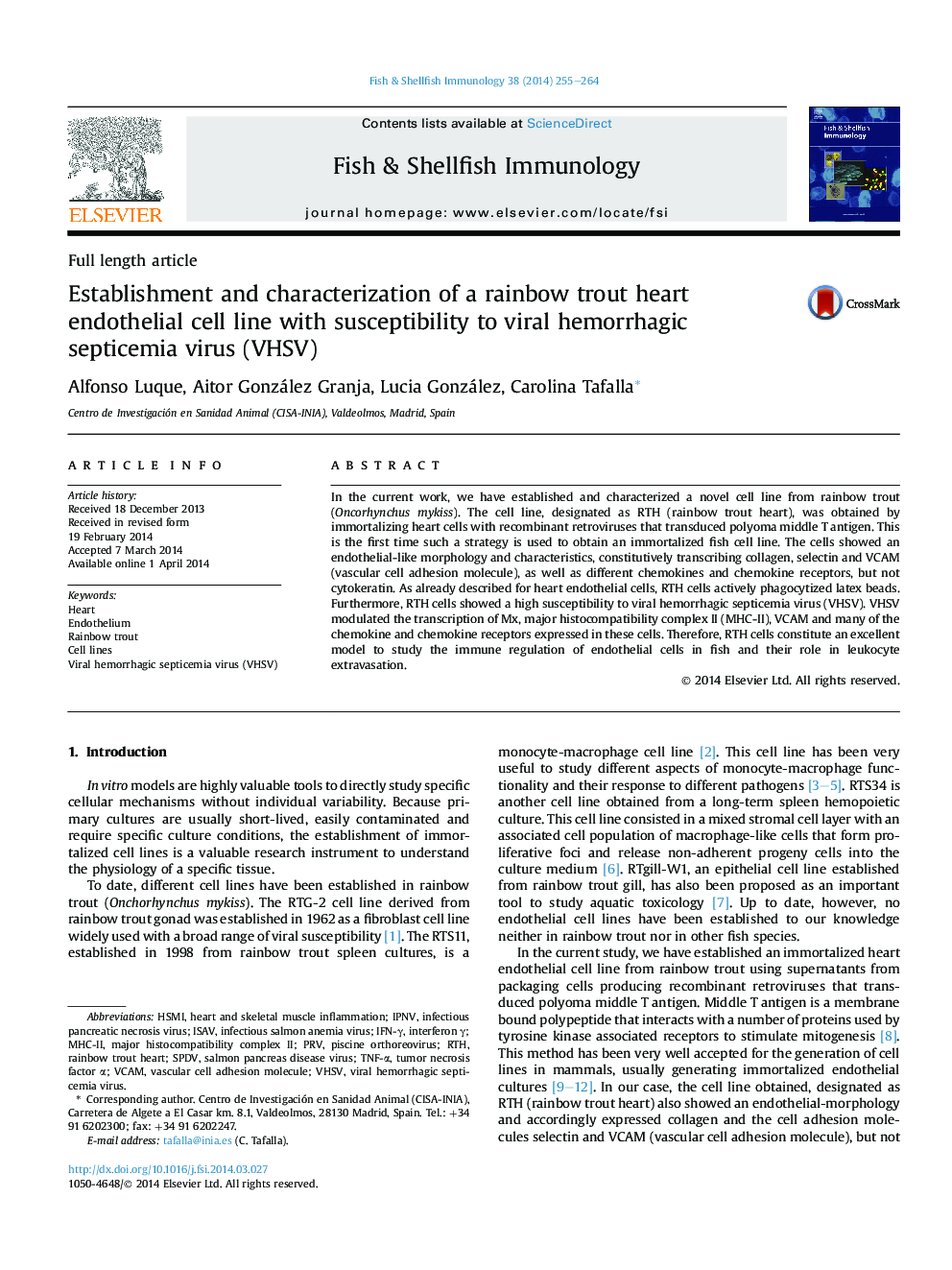 Establishment and characterization of a rainbow trout heart endothelial cell line with susceptibility to viral hemorrhagic septicemia virus (VHSV)