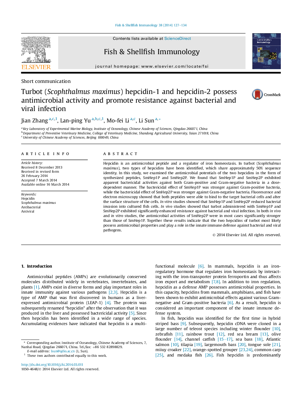 Turbot (Scophthalmus maximus) hepcidin-1 and hepcidin-2 possess antimicrobial activity and promote resistance against bacterial and viral infection