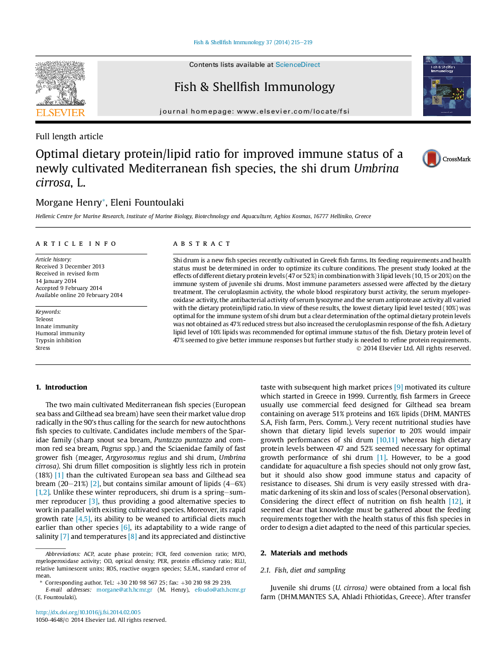 Optimal dietary protein/lipid ratio for improved immune status of a newly cultivated Mediterranean fish species, the shi drum Umbrina cirrosa, L.