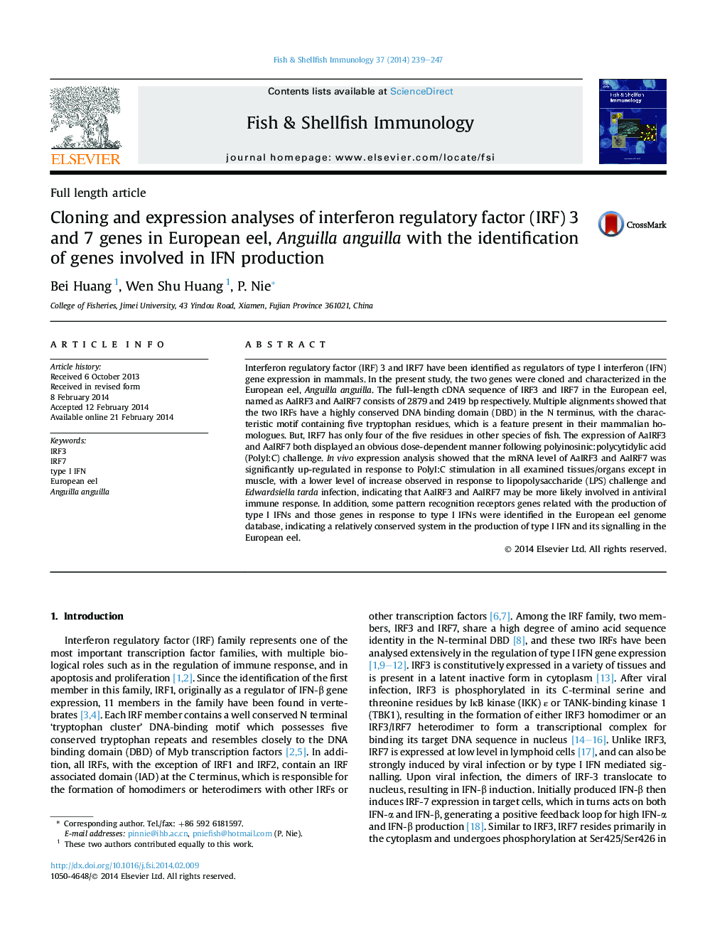 Cloning and expression analyses of interferon regulatory factor (IRF) 3 and 7 genes in European eel, Anguilla anguilla with the identification of genes involved in IFN production