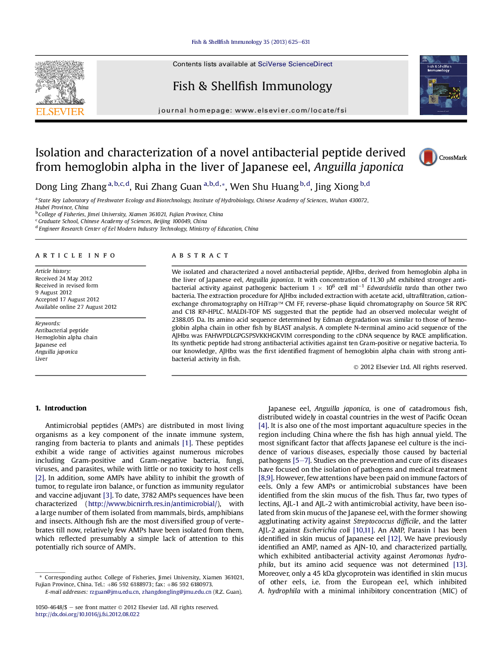 Isolation and characterization of a novel antibacterial peptide derived from hemoglobin alpha in the liver of Japanese eel, Anguilla japonica