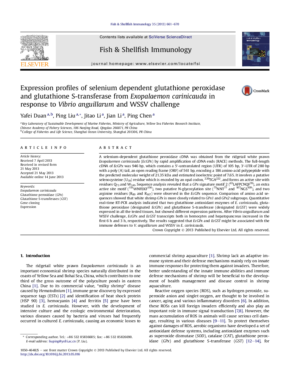 Expression profiles of selenium dependent glutathione peroxidase and glutathione S-transferase from Exopalaemon carinicauda in response to Vibrio anguillarum and WSSV challenge