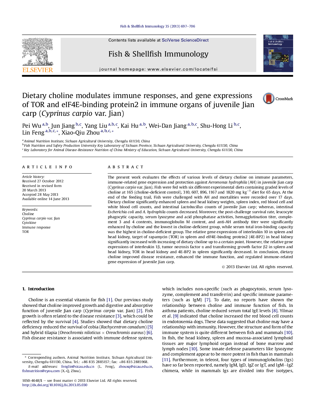 Dietary choline modulates immune responses, and gene expressions of TOR and eIF4E-binding protein2 in immune organs of juvenile Jian carp (Cyprinus carpio var. Jian)