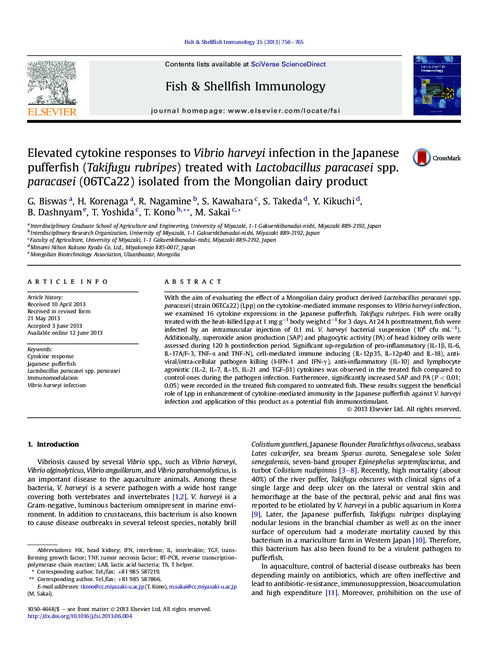 Elevated cytokine responses to Vibrio harveyi infection in the Japanese pufferfish (Takifugu rubripes) treated with Lactobacillus paracasei spp. paracasei (06TCa22) isolated from the Mongolian dairy product