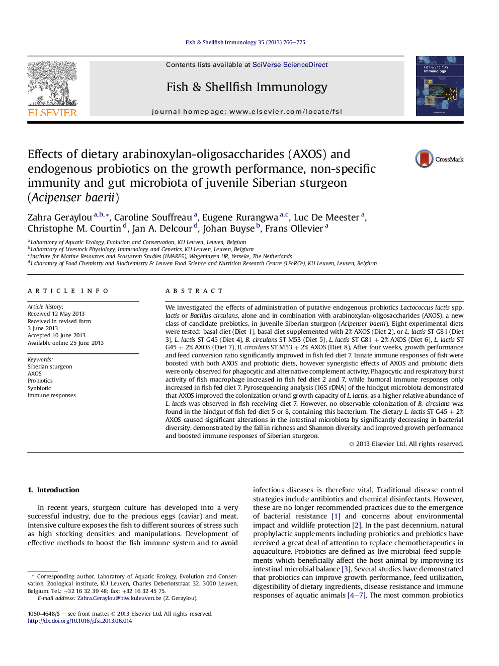 Effects of dietary arabinoxylan-oligosaccharides (AXOS) and endogenous probiotics on the growth performance, non-specific immunity and gut microbiota of juvenile Siberian sturgeon (AcipenserÂ baerii)