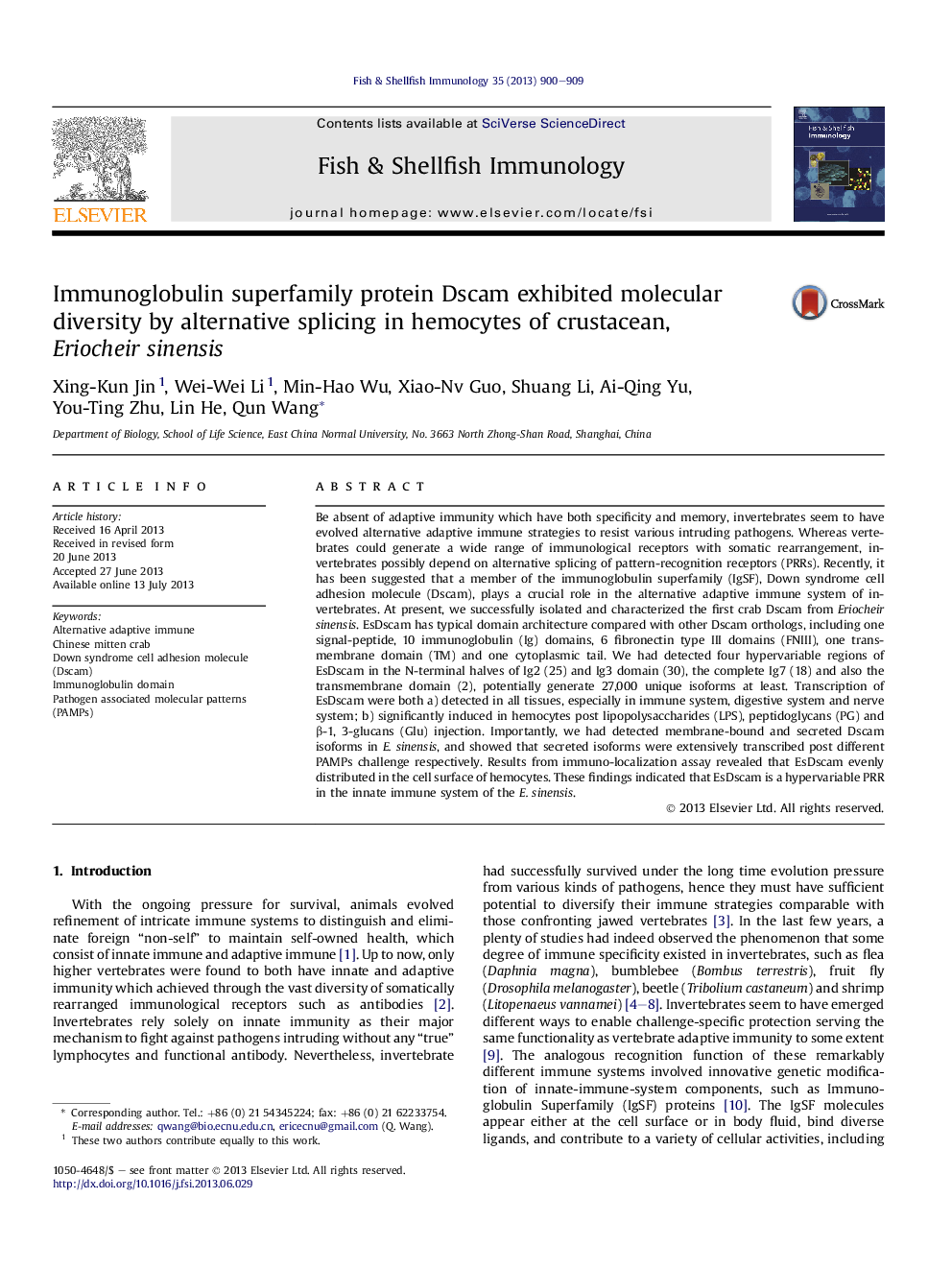 Immunoglobulin superfamily protein Dscam exhibited molecular diversity by alternative splicing in hemocytes of crustacean, Eriocheir sinensis