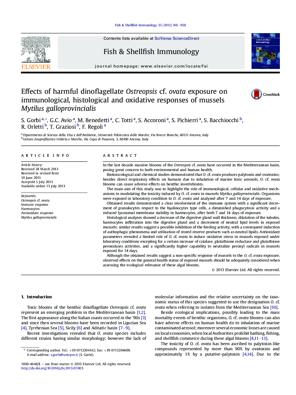 Effects of harmful dinoflagellate Ostreopsis cf. ovata exposure on immunological, histological and oxidative responses of mussels Mytilus galloprovincialis