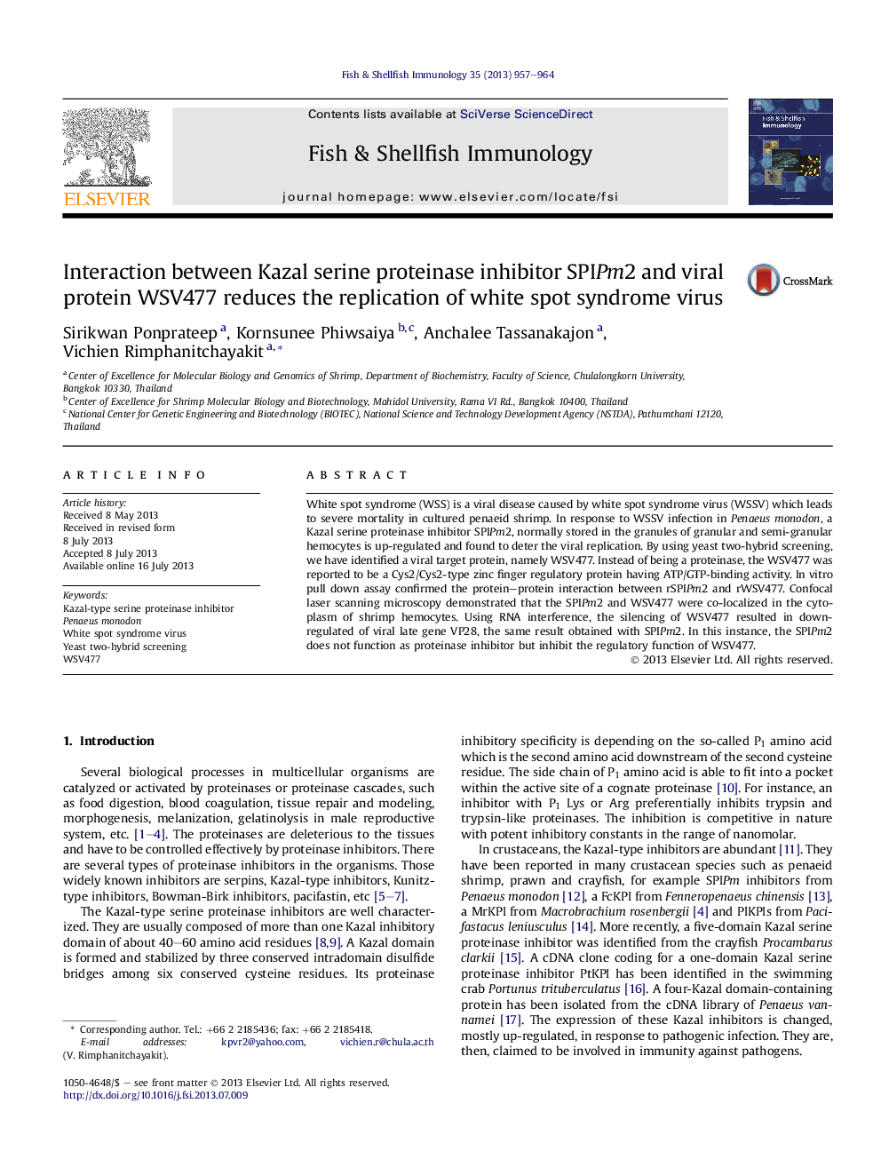 Interaction between Kazal serine proteinase inhibitor SPIPm2 and viral protein WSV477 reduces the replication of white spot syndrome virus