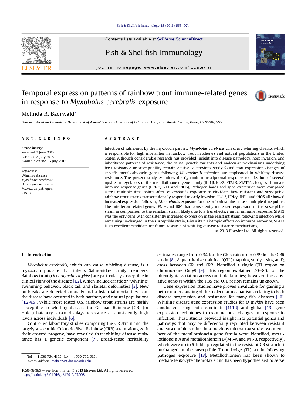 Temporal expression patterns of rainbow trout immune-related genes in response to Myxobolus cerebralis exposure